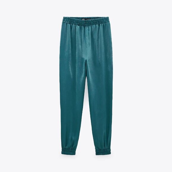 NWT Zara teal satin finish jogger trouser pants - Picture 2 of 7